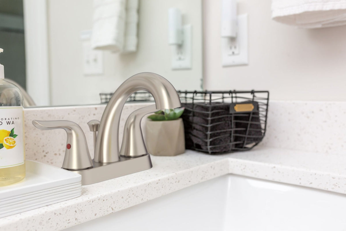 Plymouth Double Handle 4-in Centreset Bathroom Sink Faucet with Pop-Up Drain, Brushed Nickel H5Z9 - product image 3