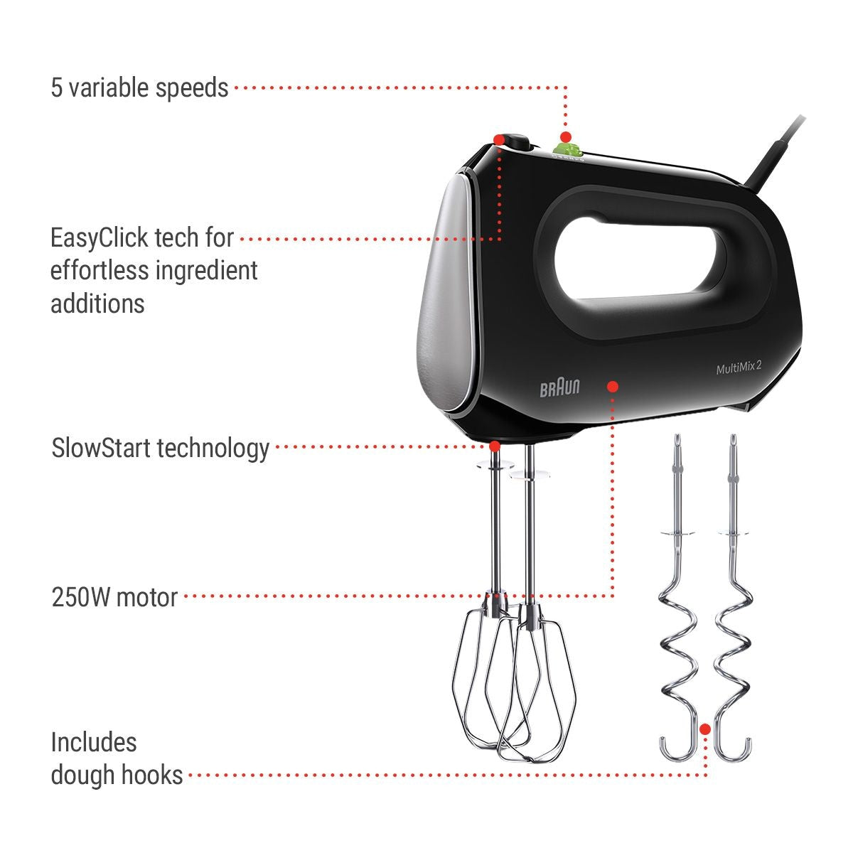 MultiMix 2 5-Speed Hand Mixer, Includes MultiWhisk Beater, 250W, Black B9B4 - product image 3