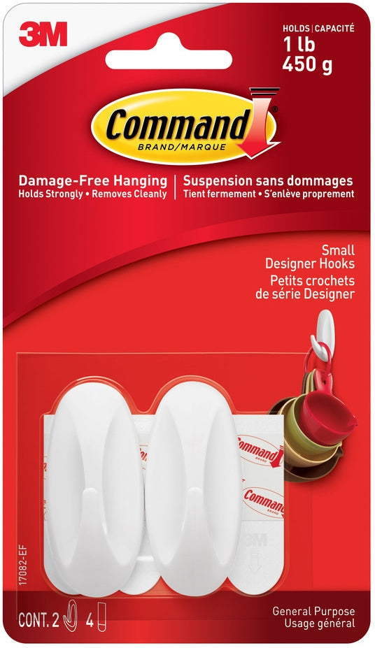 Small Designer Hooks with Adhesive Strips, White, 1-lb, 2 Strips per Pack D8J2