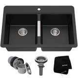 Quarza Undermount Granite Double Bowl Kitchen Sink, Black Onyx, 33x22x10-in U7M0 - product image 1