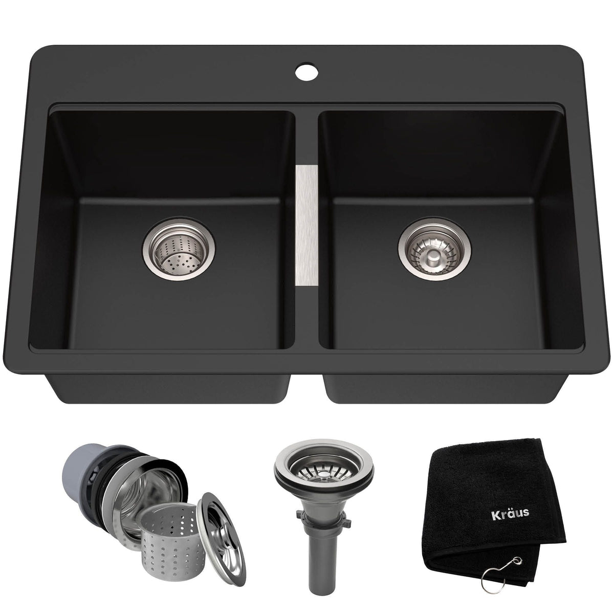Quarza Undermount Granite Double Bowl Kitchen Sink, Black Onyx, 33x22x10-in U7M0 - product image 1