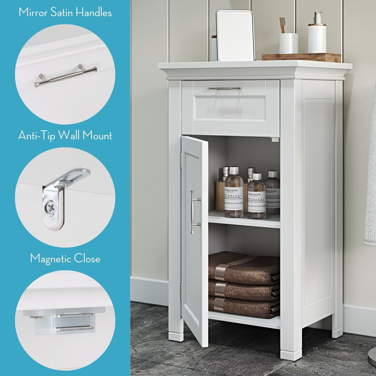 Home Somerset Single Door Bathroom & Laundry Storage Cabinet with Drawer & Adjustable Shelf, White T9O1 - product image 5