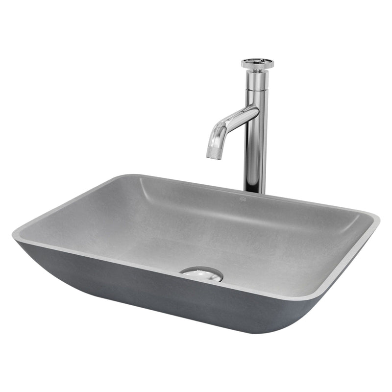 Duomo Gothic ConcretoStone Grey Bathroom Sink/Basin Set with Cass Faucet and Rectangular Vessel H5I3